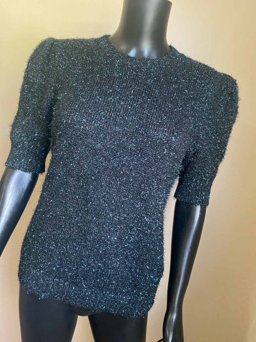 Rachel Zoe Black Short-Sleeve Fuzzy Crewneck Sweater with Green Flecks